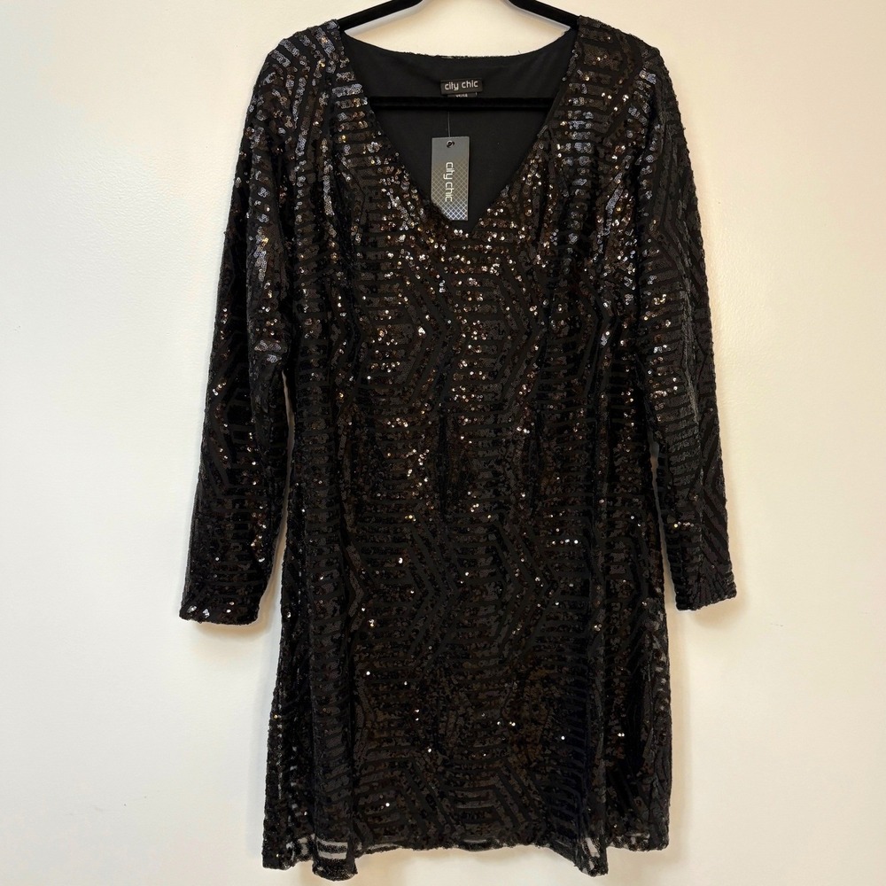 NWT‎ City Chic Bright Lights Sequin Dress XS/14 Black Long Sleeve - Picture 3 of 7